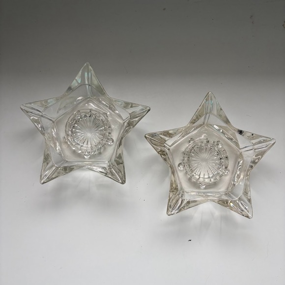 Unbranded Other - Vintage Clear Pressed Glass Star Candle Holders Set of 2 Celestial Sunburst Base